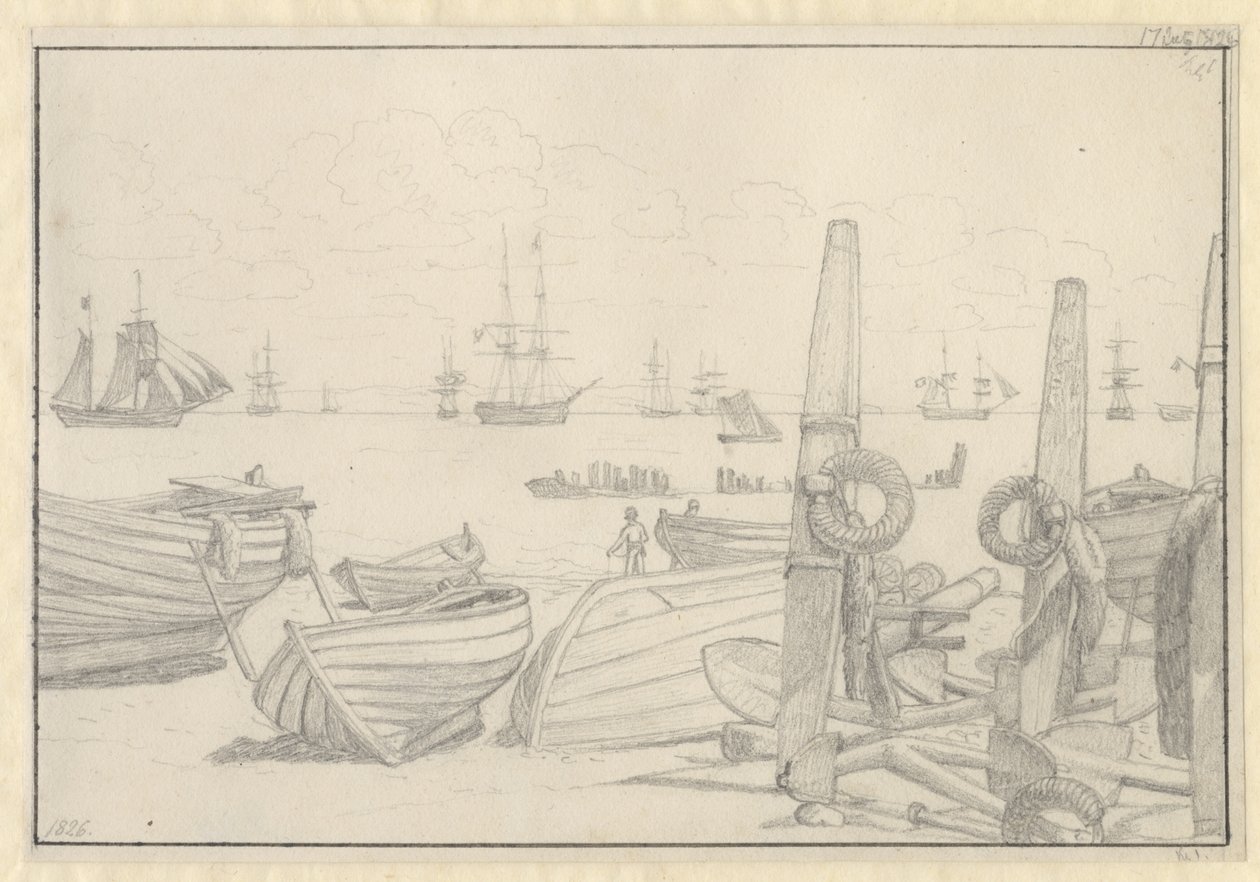 Vista da praia ao sul de Helsingør em direção ao navio de guarda, o brigue "Falster". de Christoffer Wilhelm Eckersberg