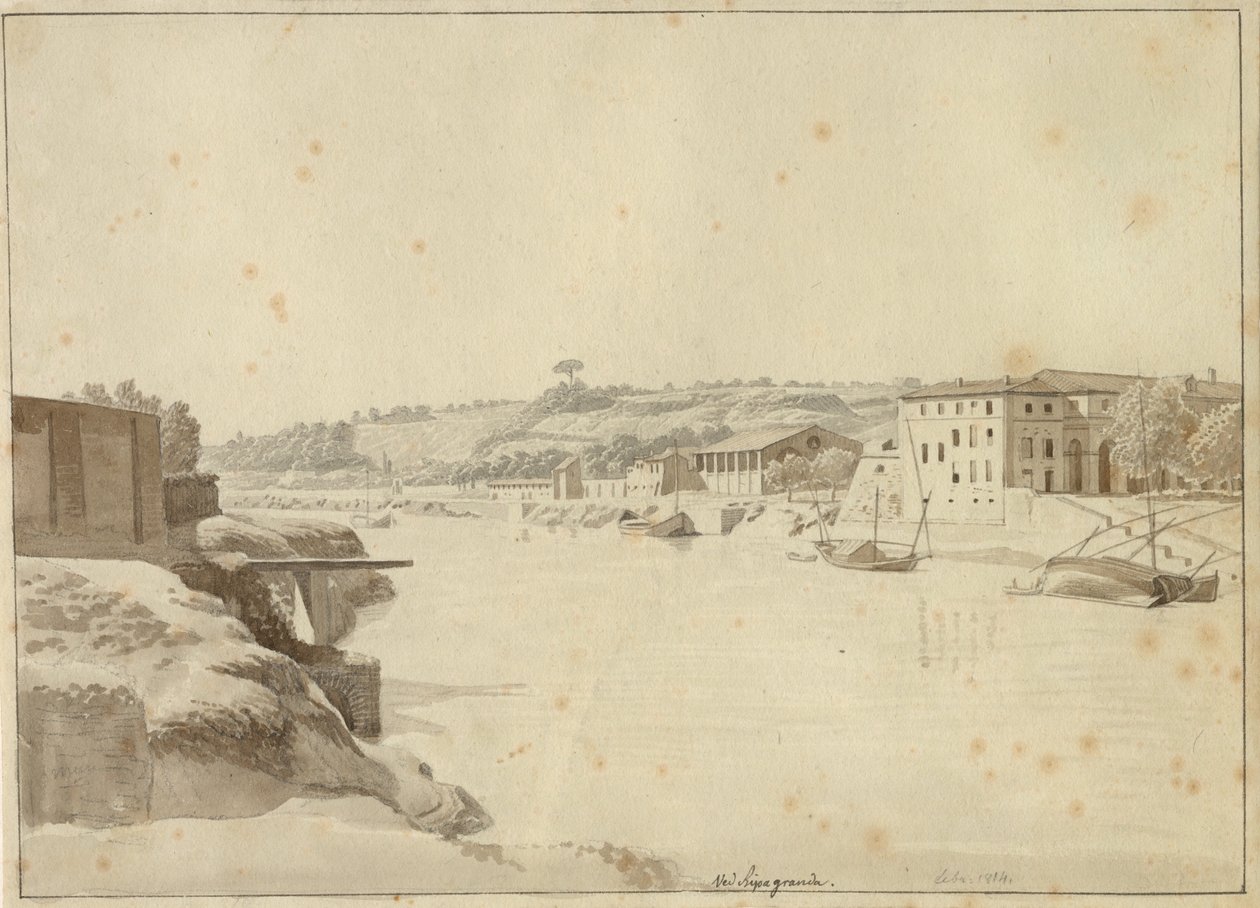 Vista do Tibre em direção a Porto di Ripa Grande e Porta Portese vista da margem abaixo do Monte Aventino, Roma. de Christoffer Wilhelm Eckersberg