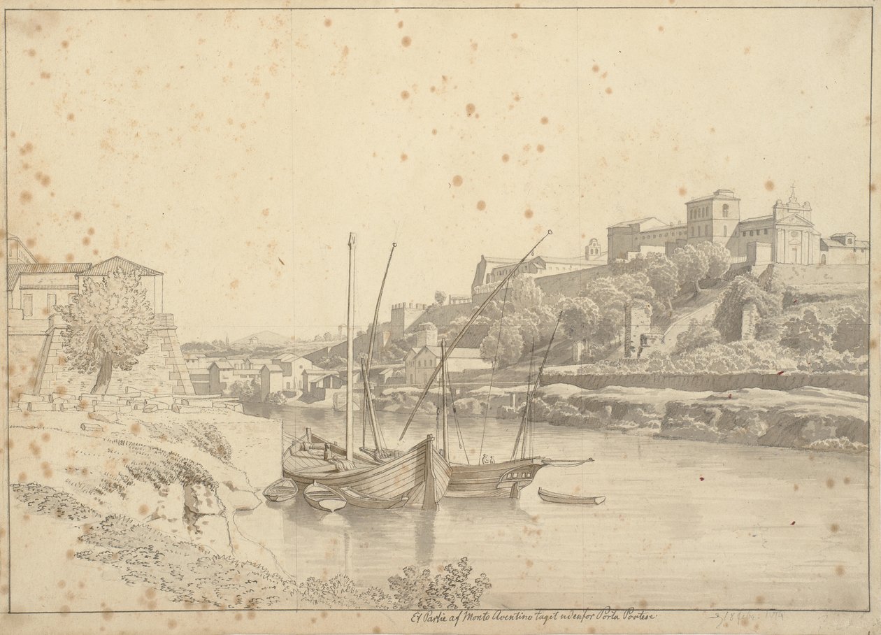 Vista do Tibre em Porto di Ripa Grande fora de Porta Portese em direção a Marmorata e as igrejas de Monte Aventino, Roma de Christoffer Wilhelm Eckersberg