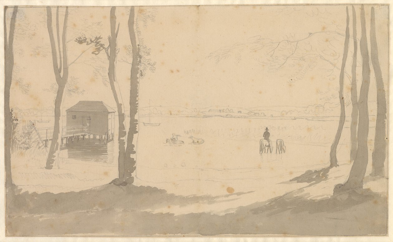 Vista de um lago, à esquerda uma casa de banhos, no centro cavaleiros regando cavalos, o primeiro plano é arborizado de Christoffer Wilhelm Eckersberg