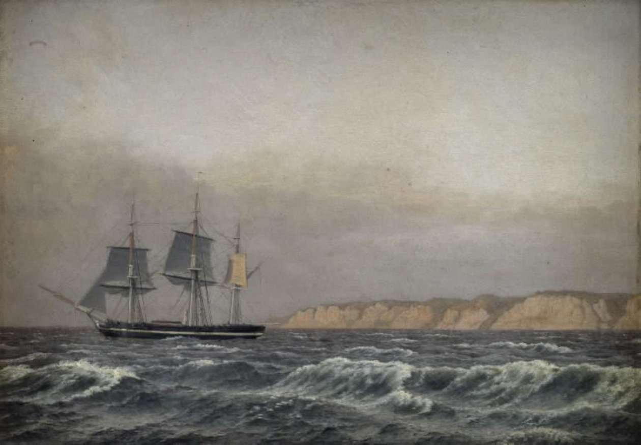 Vista dos penhascos de Møn e um Corvette de Christoffer Wilhelm Eckersberg