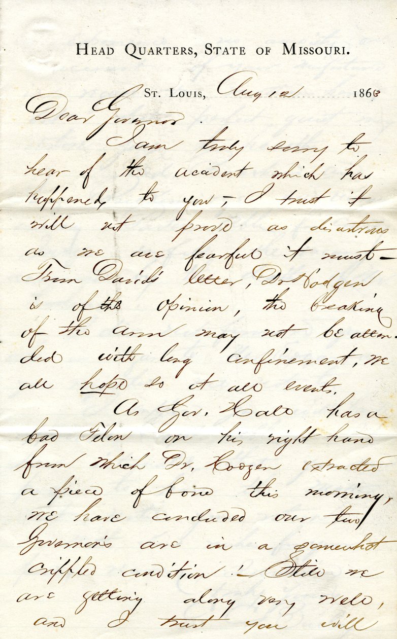 Carta assinada por C. C. Bailey, Head Quarters, Estado do Missouri, St. Louis, ao Governador [Hamilton R. Gamble], 12 de agosto de 1863 de C. C. Bailey