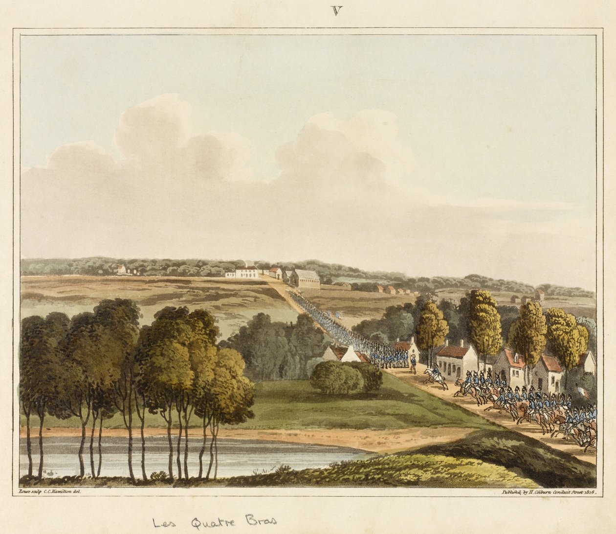 Les Quatre Bras, de &39;Um relato histórico da batalha de Waterloo&39;, gravura por James Rouse, 1817 (aquatinta colorida) de C. C. Hamilton