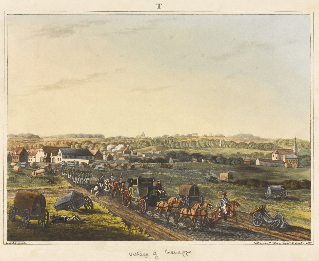 Aldeia de Genappe, de &39;Um relato histórico da batalha de Waterloo&39;, gravura por James Rouse, 1817 aquatinta colorida de C. C. Hamilton