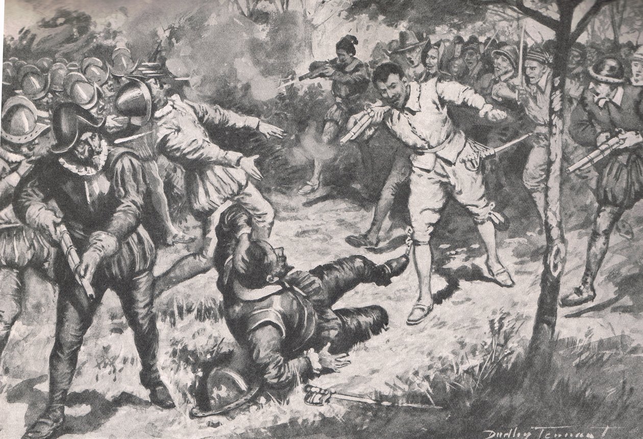 O Almirante, seguido pelo seu partido, correu de cabeça na Guarda Vera Cruz, ilustração de "British Battles on Land and Sea", publicado por Cassell, Londres, c.1910 (litho) de C. Dudley Tennant