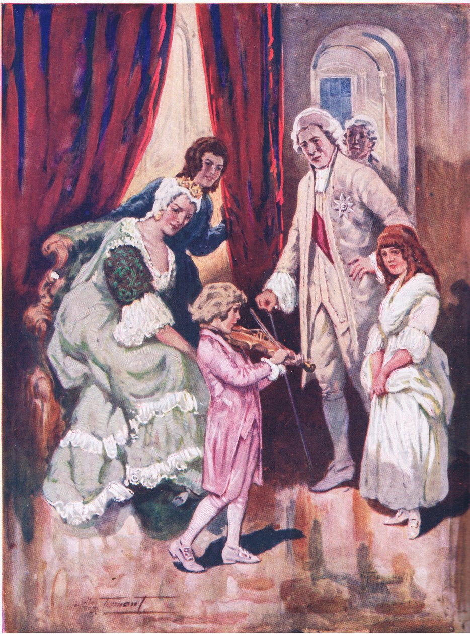 Ganhar os corações da sua audiência real: A primeira aparição de Mozart na Corte Austríaca (cor litho) de C. Dudley Tennant