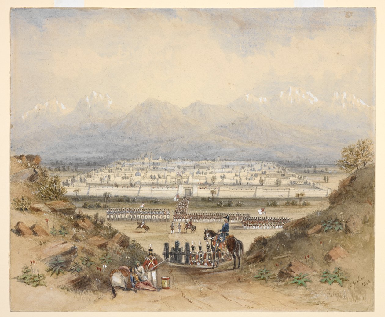 Um general revisando a cavalaria e a infantaria, que estão prestes a entrar em uma cidade murada em uma região montanhosa, talvez Kandahar (N.W.F.P.). 1843, depois de um esboço anterior. de C. Graham
