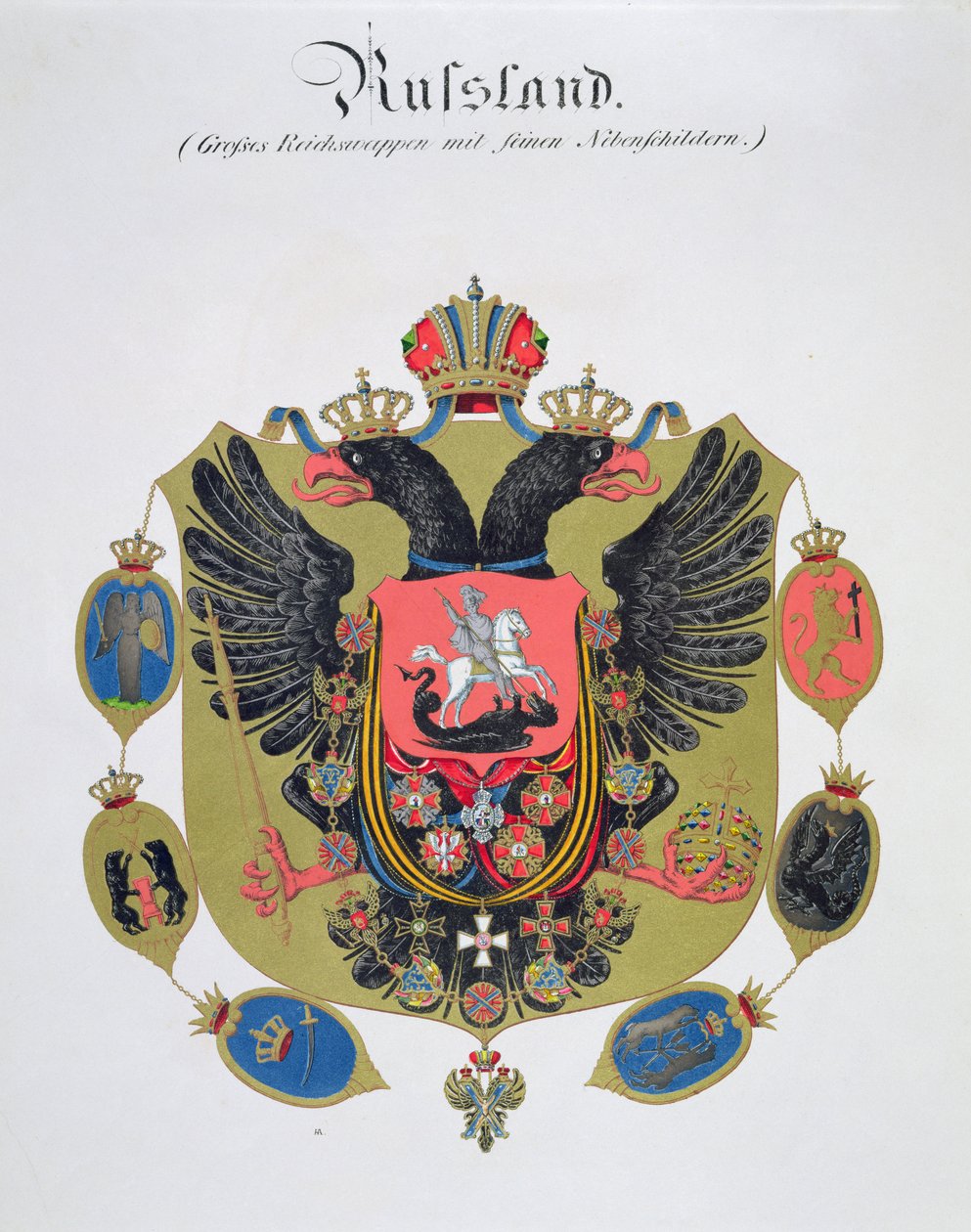 Braços e escudo do estado da Rússia Imperial, de uma coleção de aquarelas publicadas na Alemanha, c.1830-33 de C. Hildebrandt