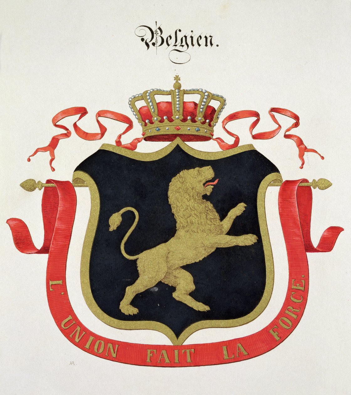 Armas da Família Real Belga, de uma coleção de aquarelas publicadas na Alemanha, c.1830-33 de C. Hildebrandt