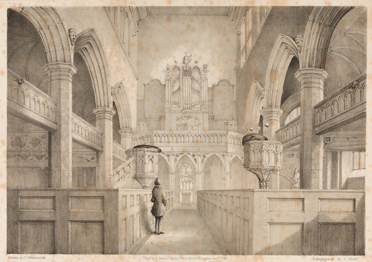 O Interior de St. Peters, Wolverhampton, gravado por I. Shaw, 1848 de C. J. Greenwood