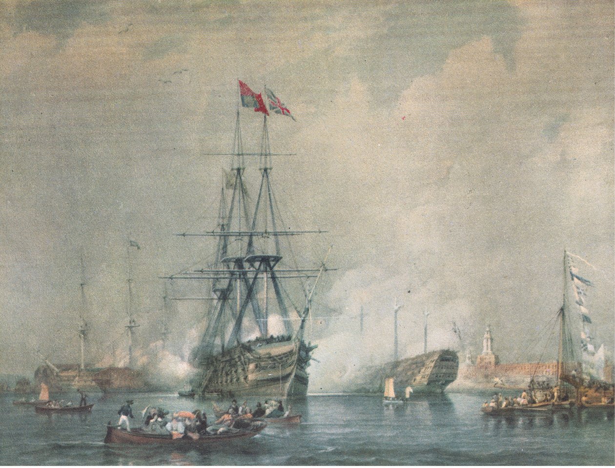 HMS Victory disparando uma Royal Salute no Portsmouth Harbour, da British Adventure, publicada por Collins, 1947 de C. J. M. Whichello