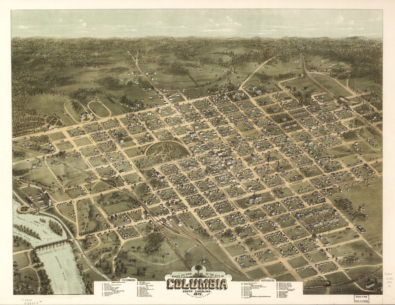Vista panorâmica da cidade de Columbia, Carolina do Sul 1872. de C. N. Drie