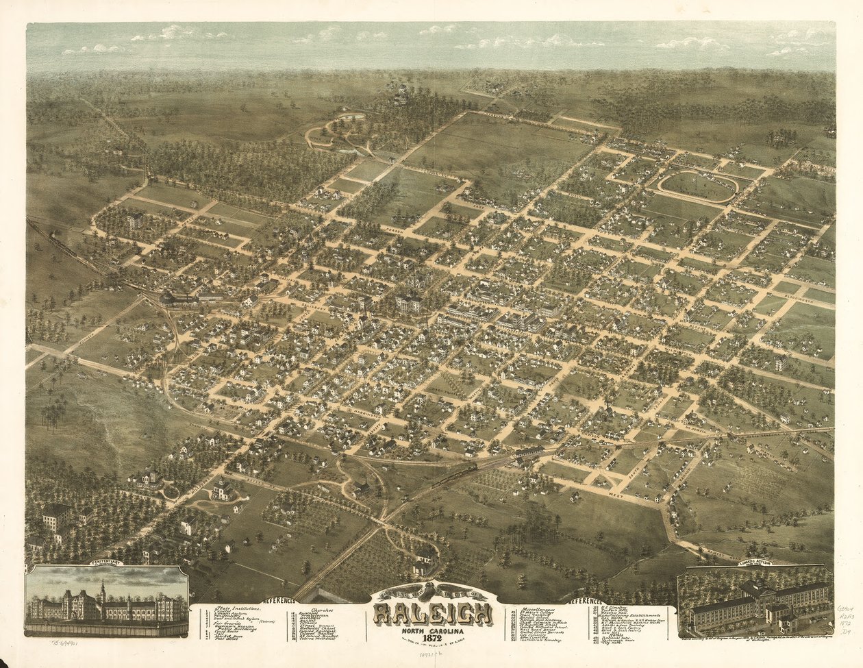 Vista aérea da cidade de Raleigh, Carolina do Norte 1872. de C. N. Drie