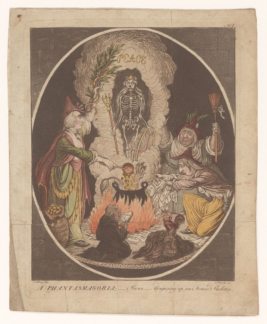 Cartoon sobre a paz de Amiens, 1802 Uma Fantasmagoria; - Cena - Conjurando um Esqueleto Armado (título no objeto) de C. Starcke