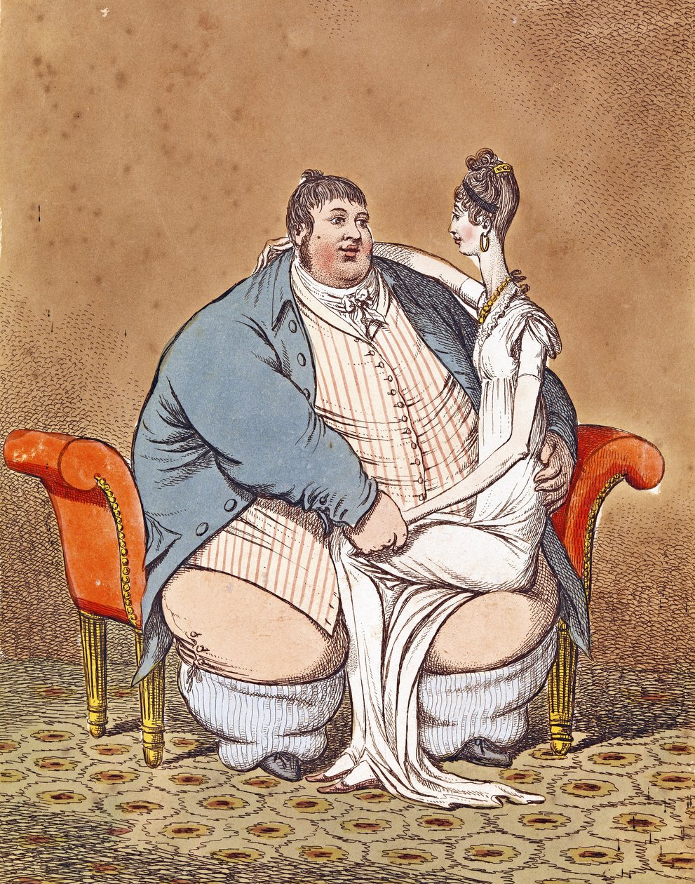 Fat and Lean - Daniel Lambert contrastou com uma mulher magra sentada em seu joelho, 1806 de C. Williams
