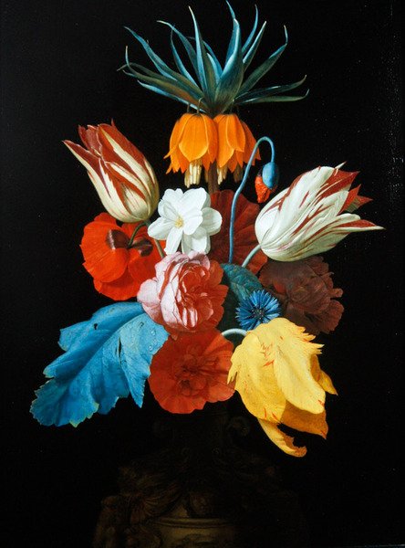 Um ramo de flores num vaso esculpido (óleo sobre painel) de C. van der Radt