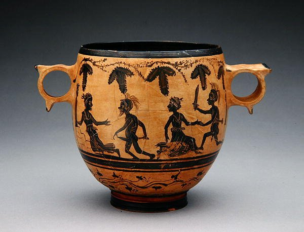 Skyphos com cenas de paródia, c.430-410 BC (cerâmica) (ver também 307555) de Cabirian