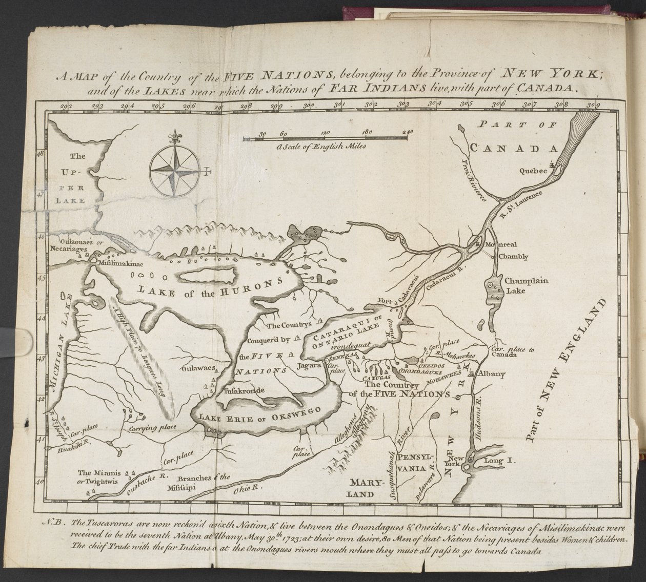 Um Mapa do País das Cinco Nações, pertencente à Província de Nova York; e dos lagos perto dos quais vivem as nações dos índios distantes, com parte do Canadá de Cadwallader Colden