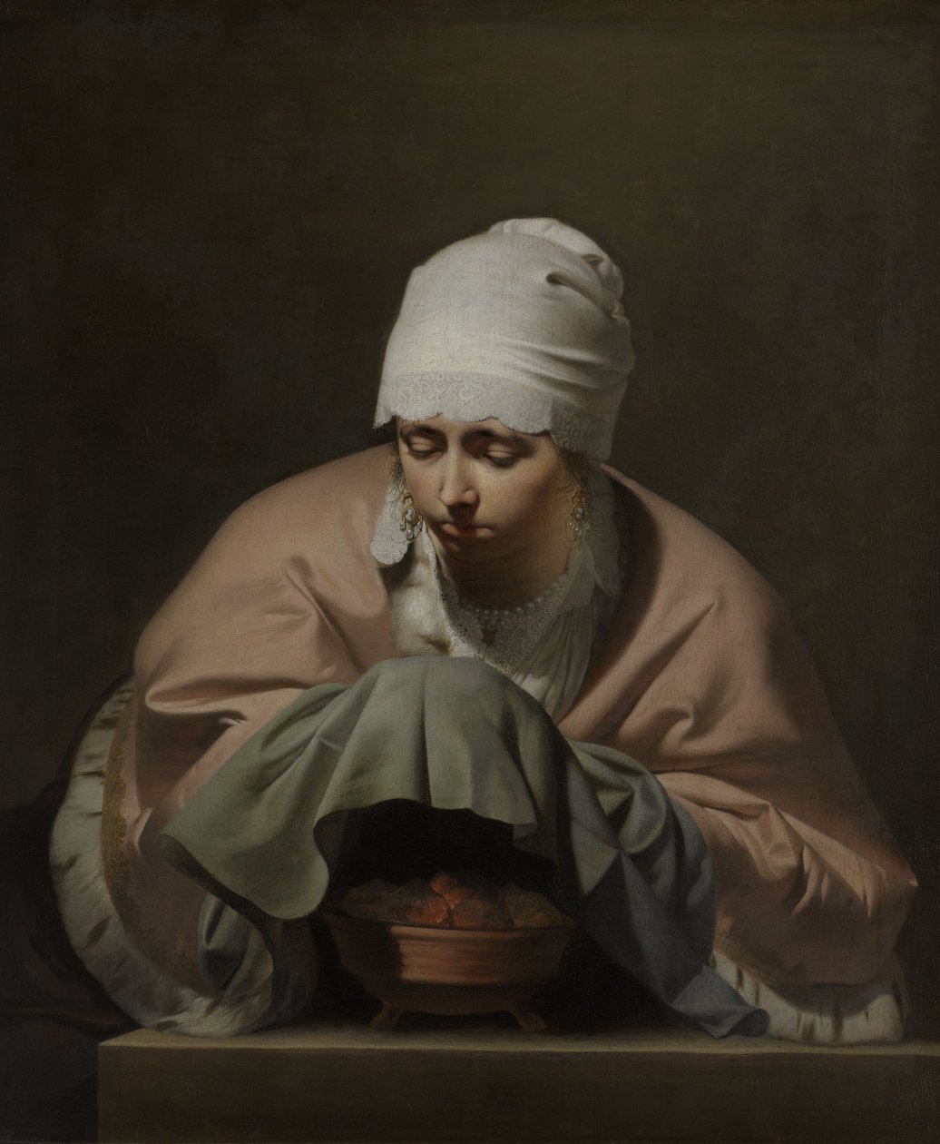 Mulher jovem, aquecer, dela, mãos, sobre, um, braseiro de Cesar Boetius van Everdingen
