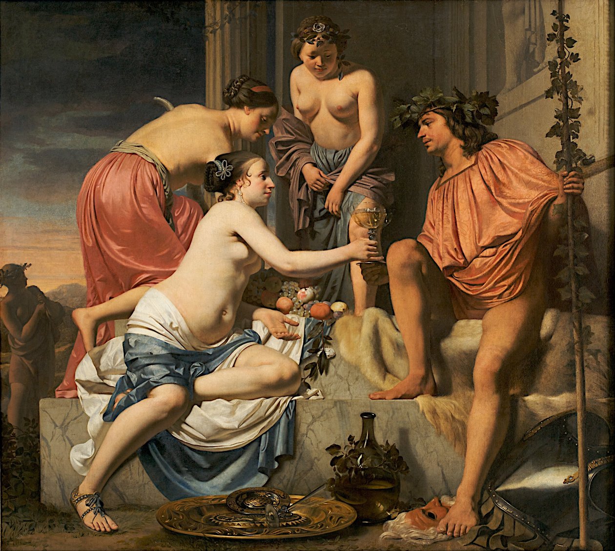 Baco num trono - Ninfas a oferecer vinho e frutos a Baco de Caesar van Everdingen