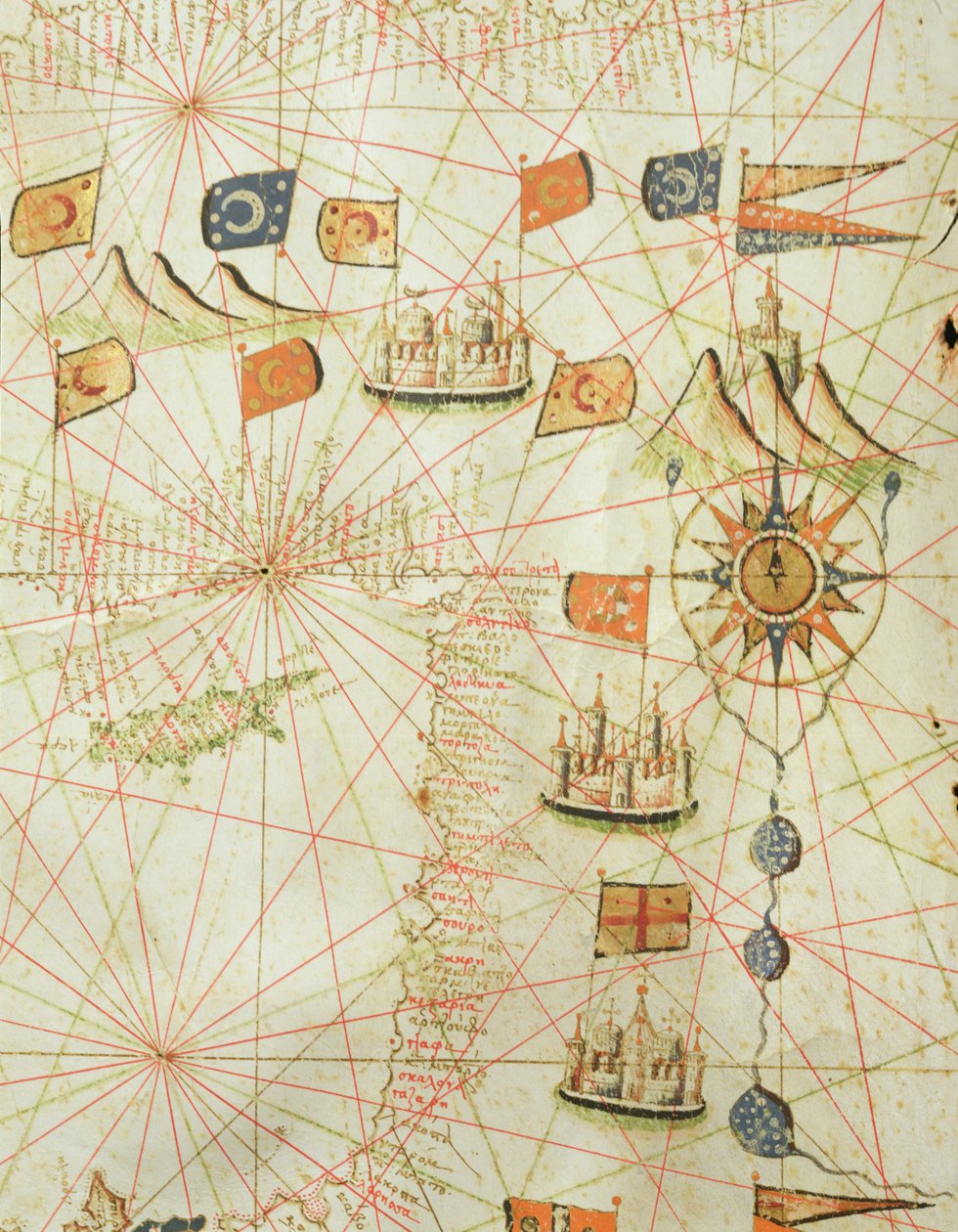 A costa da Turquia e Chipre, de um atlas náutico do Mediterrâneo e Oriente Médio (tinta aveludada) de Calopodio da Candia