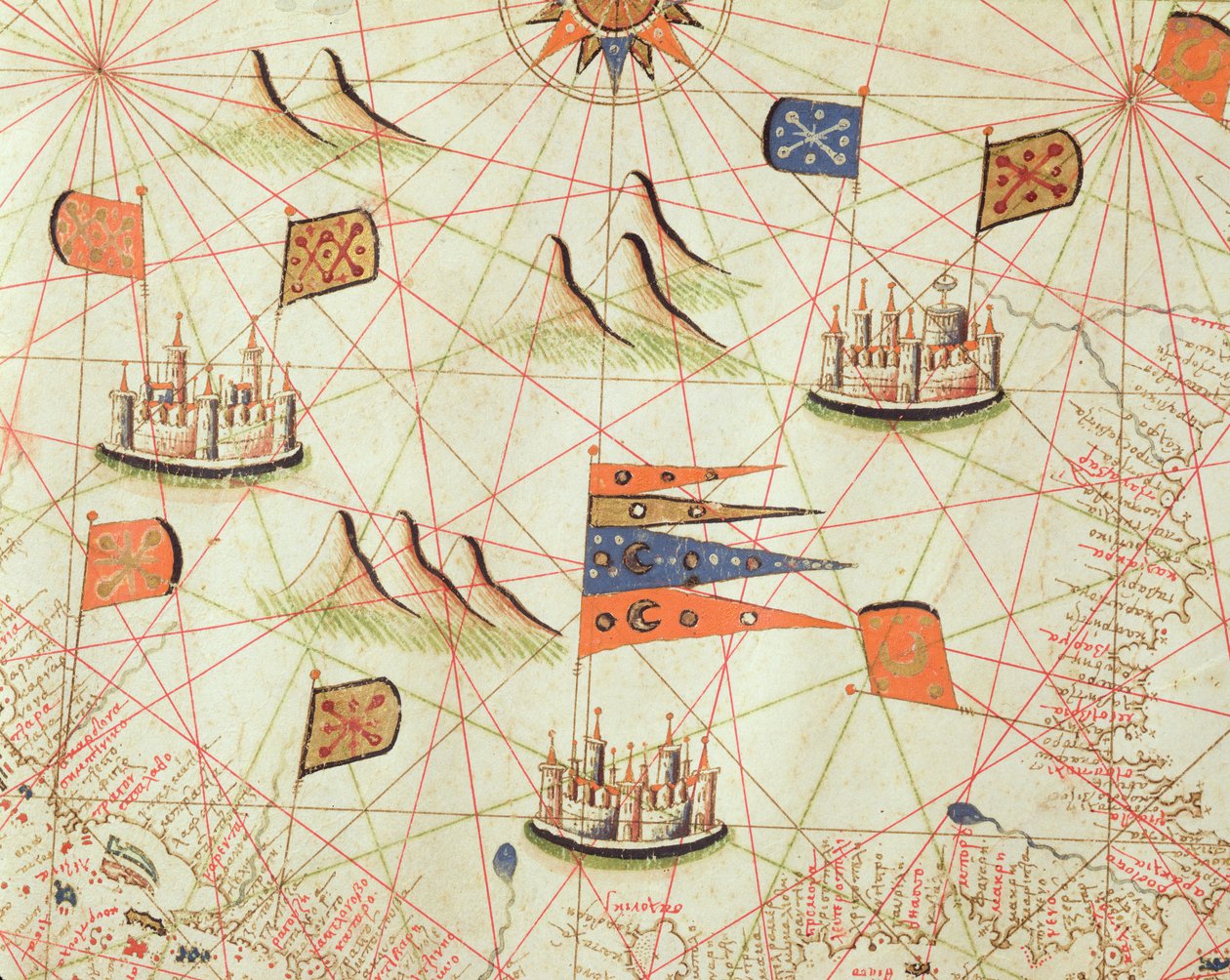 A costa da Tunísia e o Golfo de Gabes, de um atlas náutico do Mediterrâneo e Oriente Médio (tinta aveludada) de Calopodio da Candia