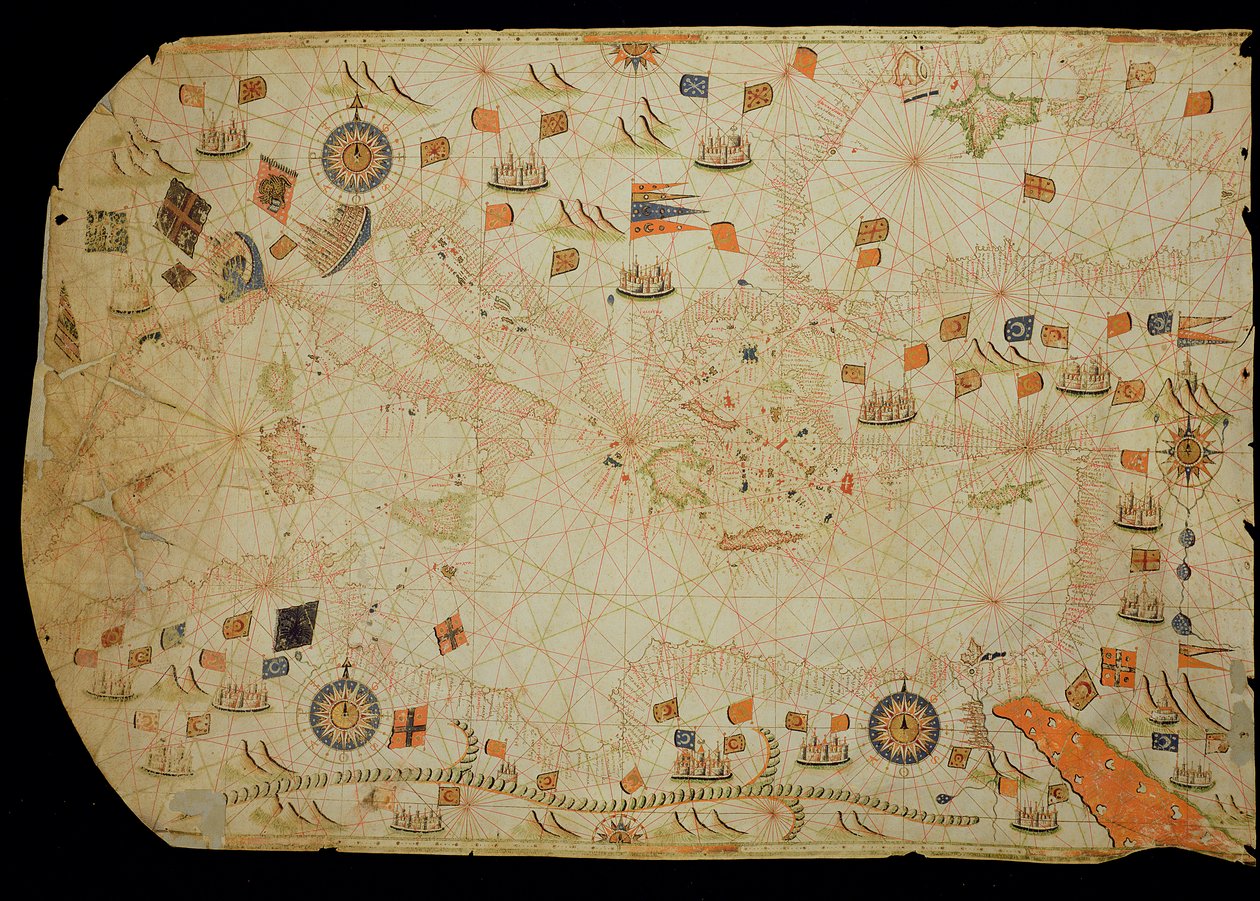 Toda a bacia do Mediterrâneo, a partir de uma carta náutica (tinta aveludada) de Calopodio da Candia
