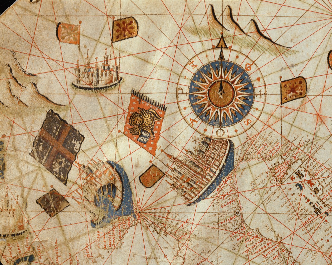 As cidades marítimas de Gênova e Veneza, de um atlas náutico do Mediterrâneo e Oriente Médio (tinta aveludada) de Calopodio da Candia