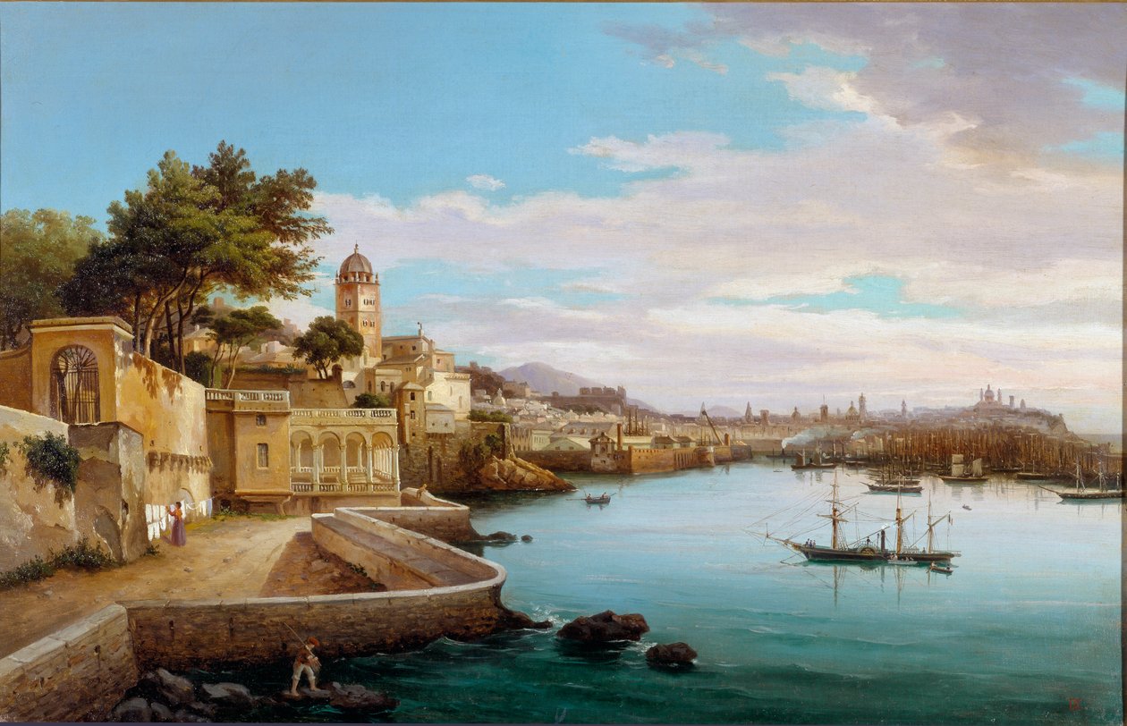 Vista do porto de Genes (Vista do porto de Génova, Itália) Pintura por Cambiaso (século XIX) Genes, Galleria d