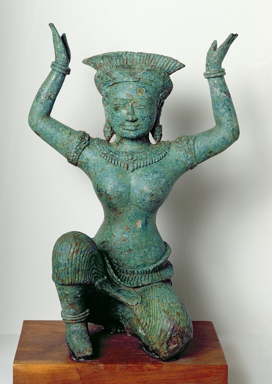 Figura feminina ajoelhada usada para apoiar um espelho, de Angkor Thom (bronze) de Cambodian School