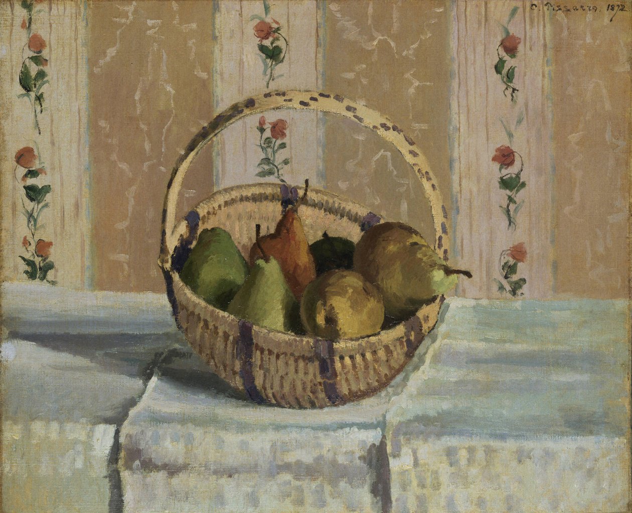 Maçãs e peras em uma cesta redonda de Camille Jacob Pissarro