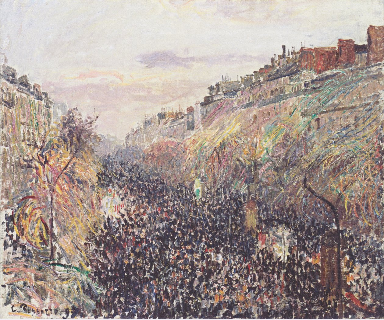 O Boulevard Montmartre, terça-feira de carnaval, ao pôr do sol de Camille Jacob Pissarro