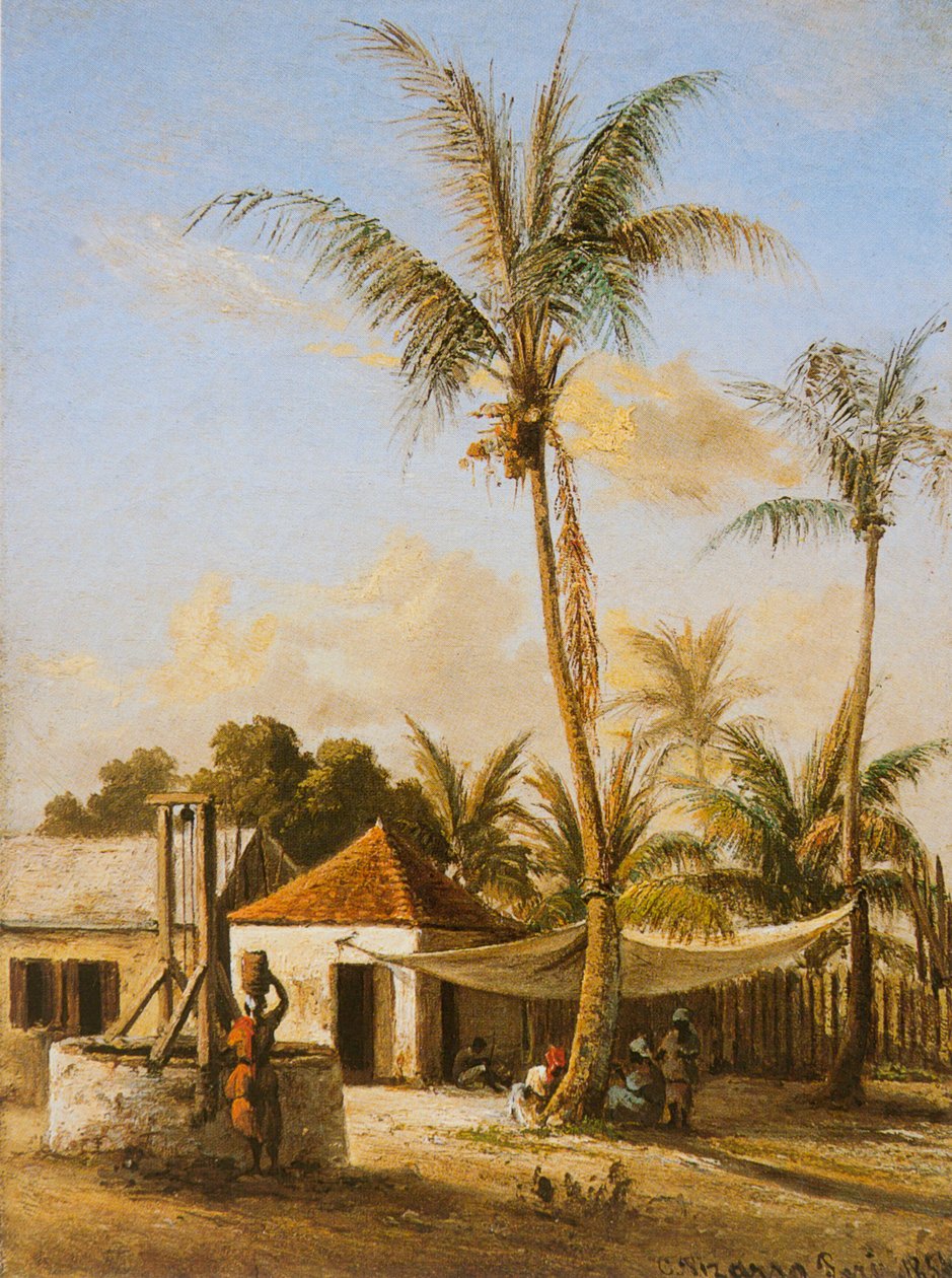 Figuras que descansam por um poço da vila de Camille Jacob Pissarro