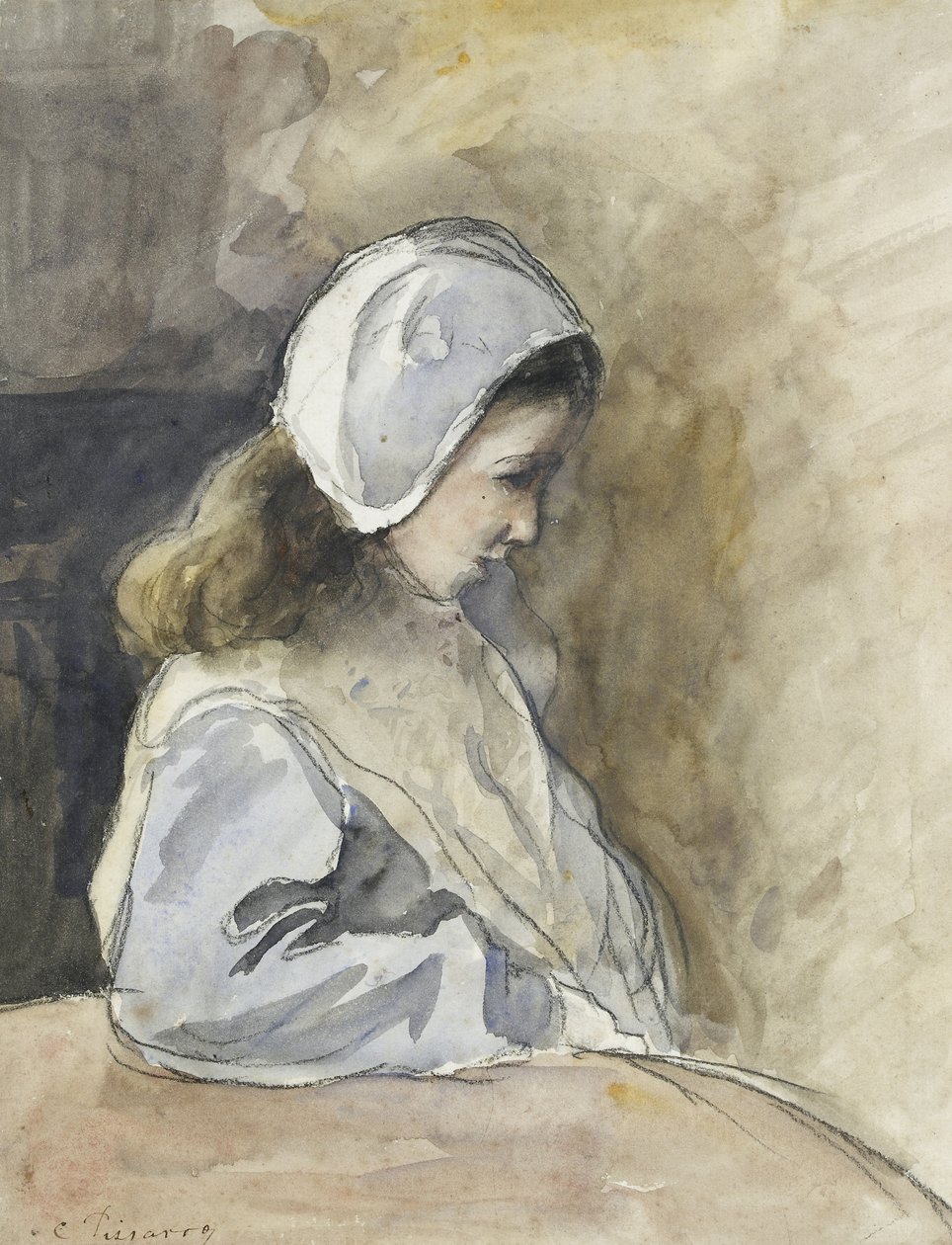 Jeanne-Rachel Pissarro sentada em uma mesa, c. 1872 (aquarela sobre giz preto) de Camille Jacob Pissarro