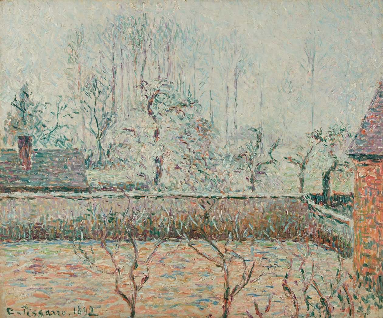 Paisagem, com, casas, e, parede closing, geada, e, névoa, (1892) de Camille Jacob Pissarro