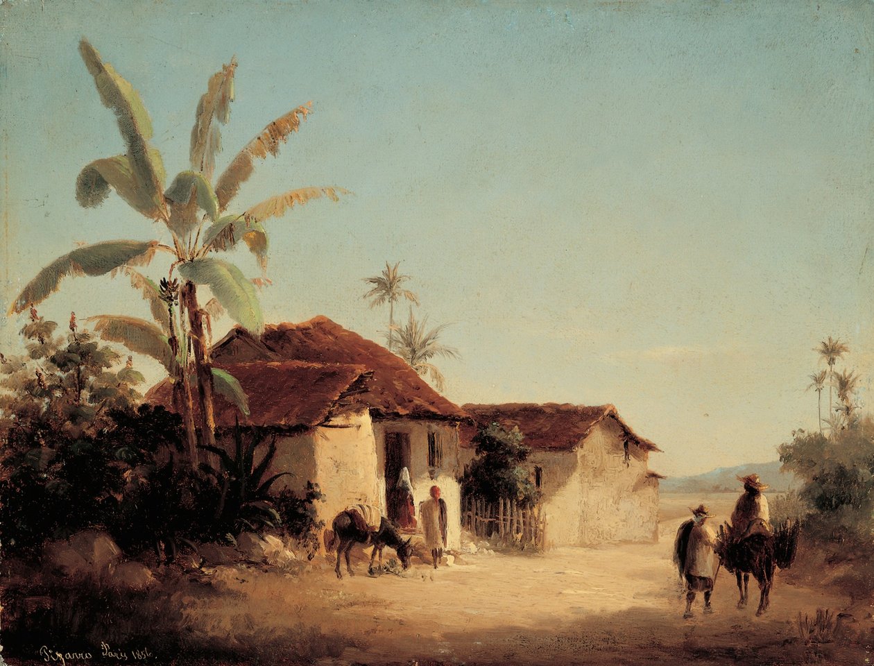 Paisagem com casebres e palmeiras de Camille Jacob Pissarro