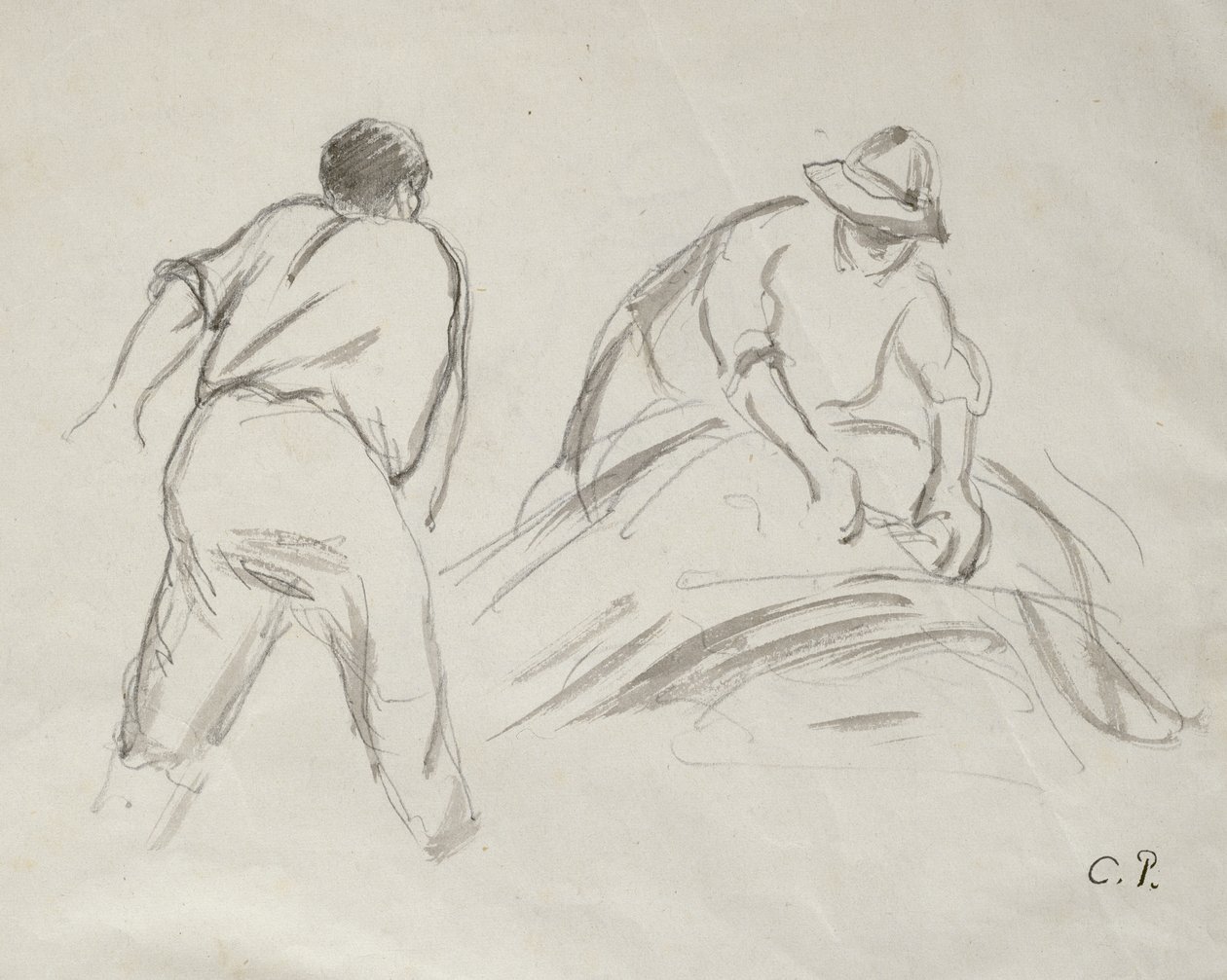 Estudos de uma colheitadeira masculina e feminina (lavagem cinza sobre lápis sobre papel) de Camille Jacob Pissarro