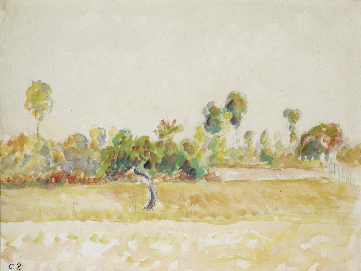 Estudo do pomar em Eragny-sur-Epte, visto da casa do artista, c. 1886 - 1890 (aquarela sobre giz preto) de Camille Jacob Pissarro