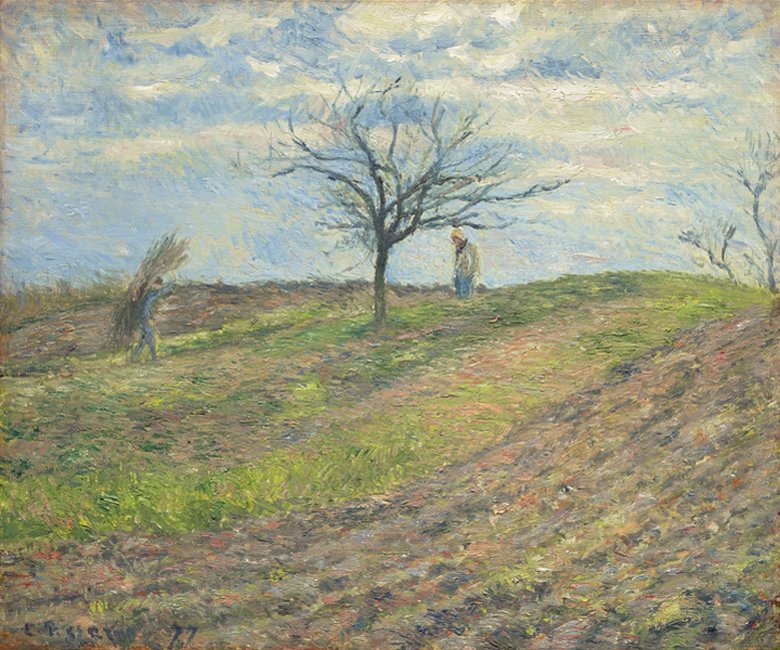 Terra arada no inverno, com um homem carregando um bicha 484 de Camille Jacob Pissarro