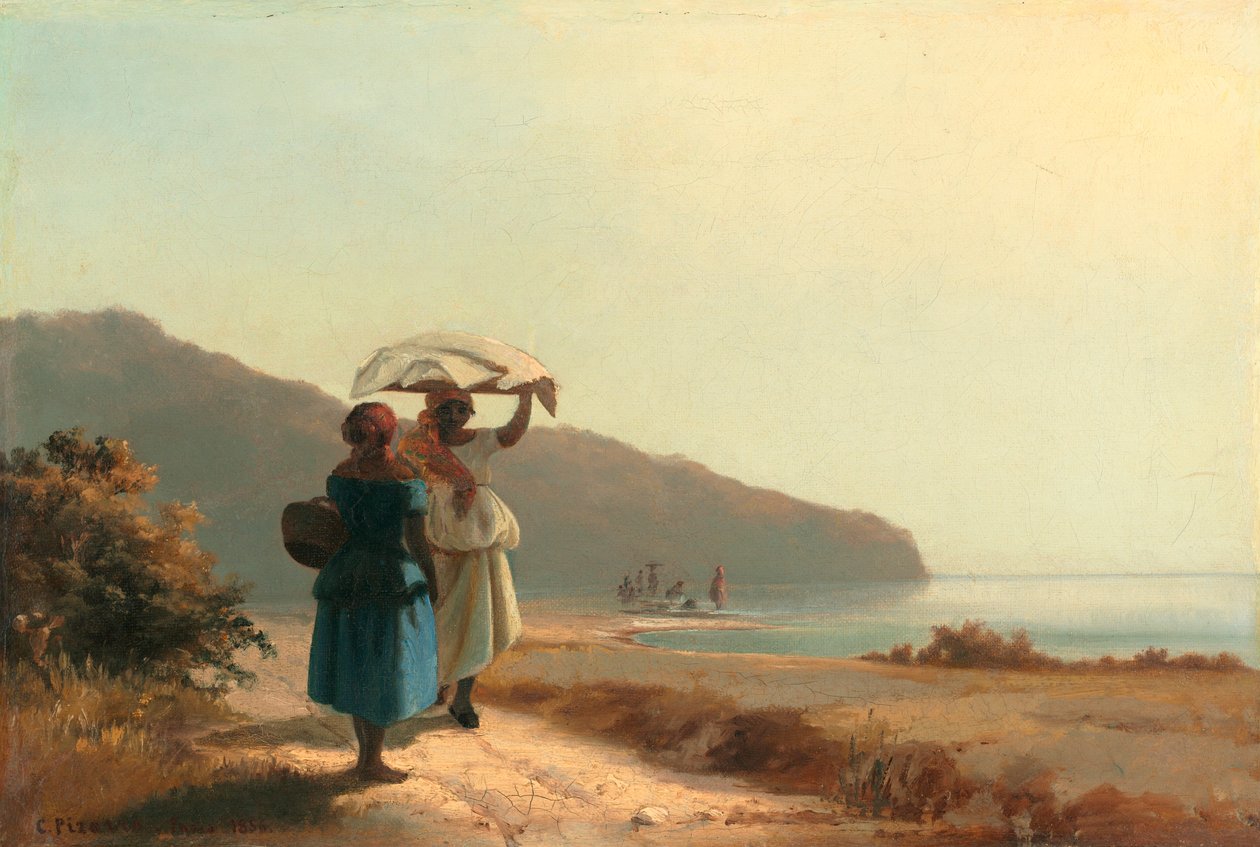 Duas mulheres conversando pelo mar de Camille Jacob Pissarro