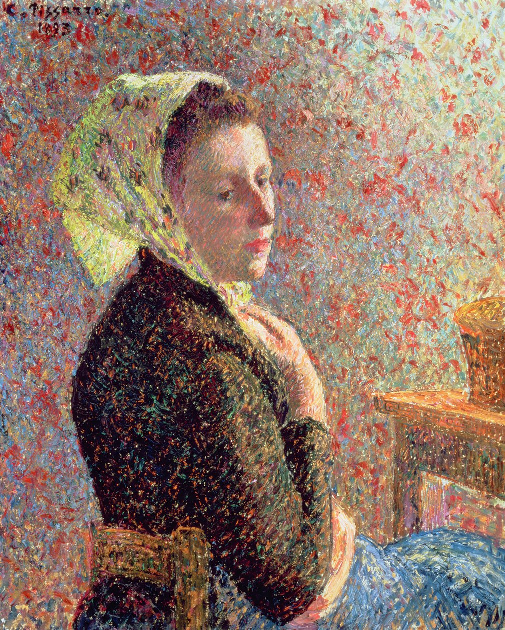 Mulher, desgastar, verde, headscarf, 1893 de Camille Jacob Pissarro