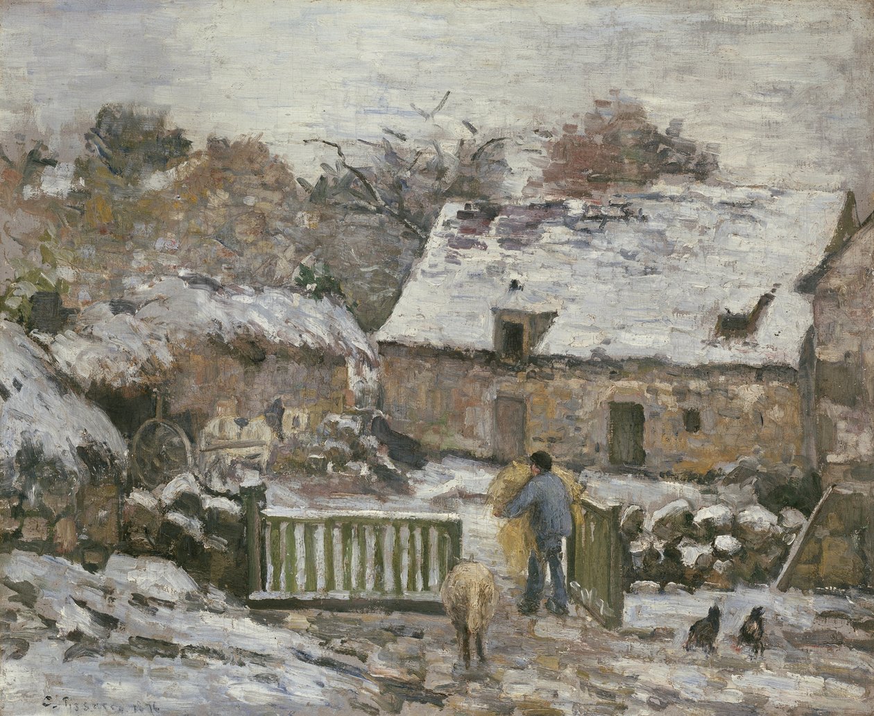 Uma fazenda em Montfoucault: Efeito da neve, 1876 de Camille Jacob Pissarro