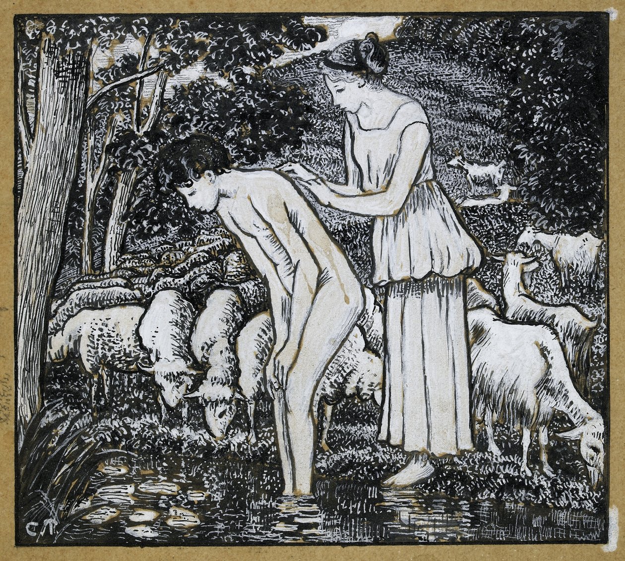 Chloë lavando Daphnis em um fluxo, estudo composicional para uma ilustração de &39;Daphnis e Chloë&39;, c. 1895 (caneta e nanquim sobre lápis com branco chinês sobre papel vegetal) de Camille Jacob Pissarro