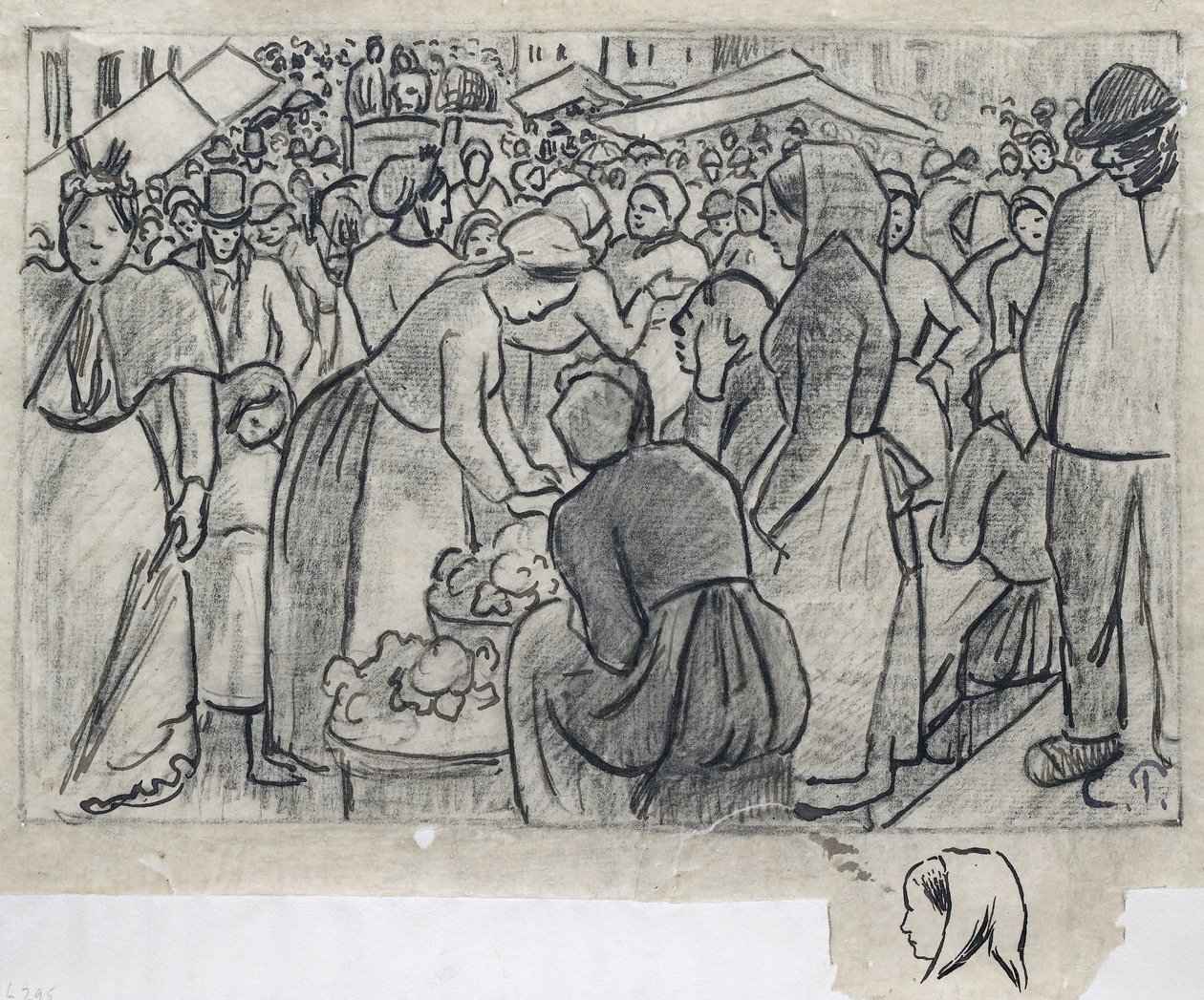 Estudo composicional para &39;Mercado de Gisors (rue Cappeville)&39; com um estudo da cabeça de uma mulher visto em perfil voltado para baixo, c. 1893 (caneta e nanquim sobre carvão e lápis sobre papel vegetal) de Camille Jacob Pissarro