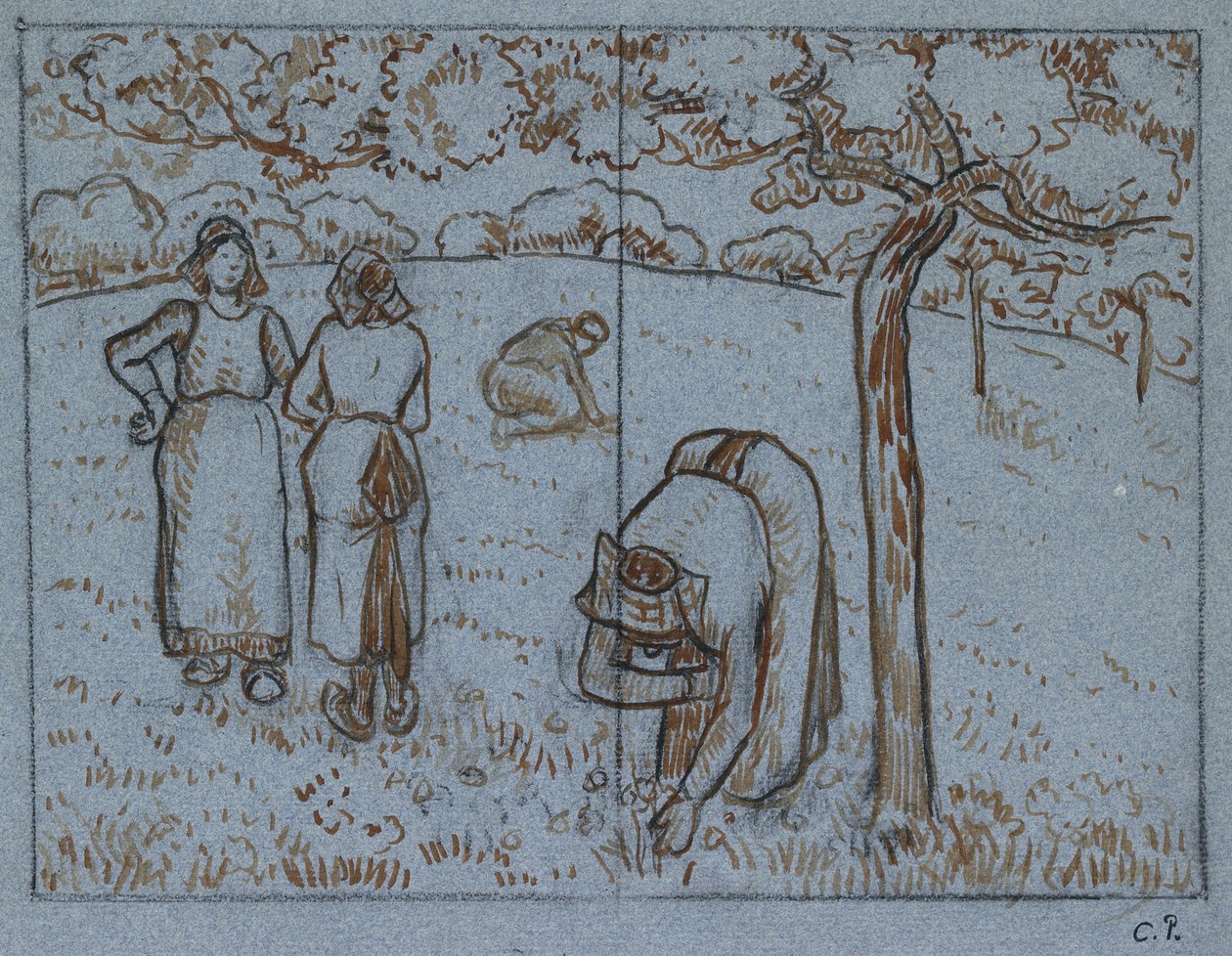 Estudo composicional de quatro fêmeas camponesas trabalhando em um pomar (&39;Spring&39;), c. 1894 (vermelho-marrom e tintas indianas sobre carvão em papel azul) de Camille Jacob Pissarro
