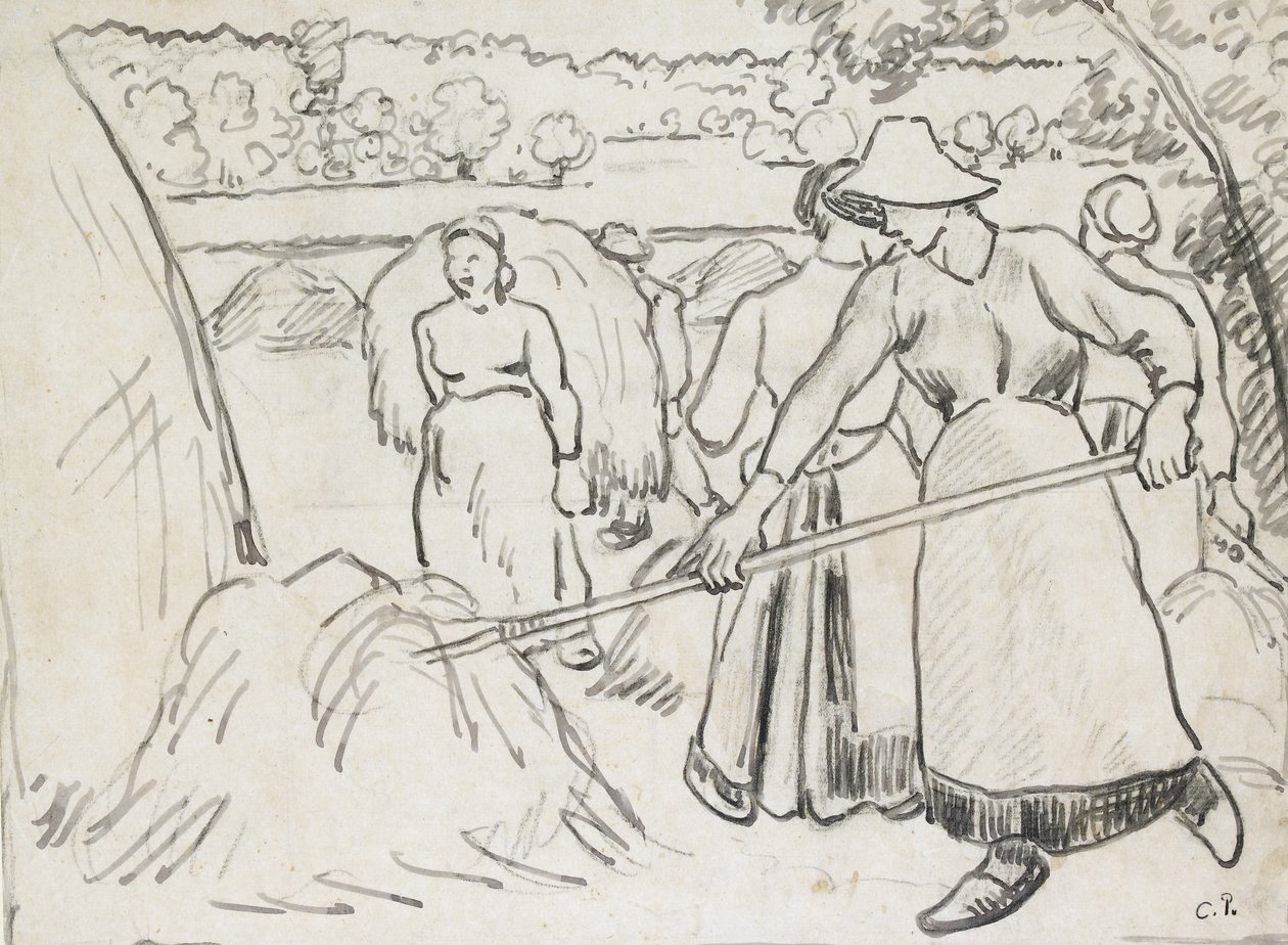 Estudo composicional de colheitadeiras em uma paisagem, c. 1893 (caneta e tinta escura sobre giz preto, ligeiramente quadrada com giz preto) de Camille Jacob Pissarro