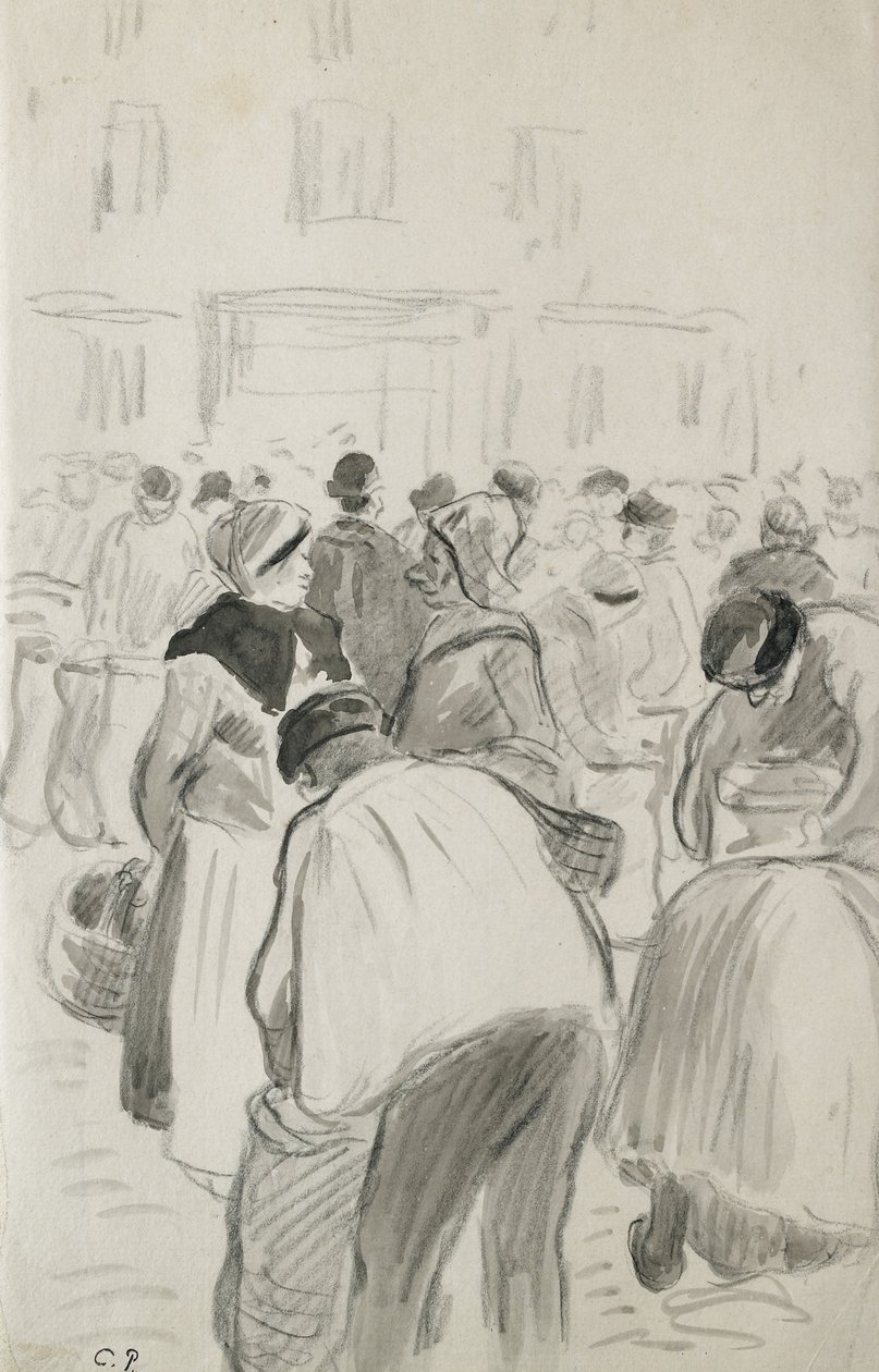 Estudo composicional do mercado em Pontoise, 1881 (giz preto e cinza lava) de Camille Jacob Pissarro