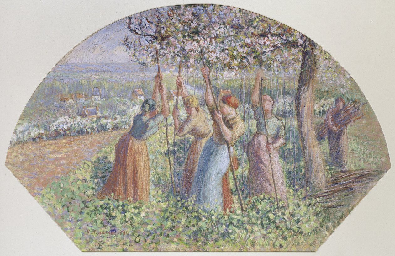 Design para um fã: Os stakers de ervilha, 1890 (guache sobre giz preto sobre papel marrom grosso) de Camille Jacob Pissarro