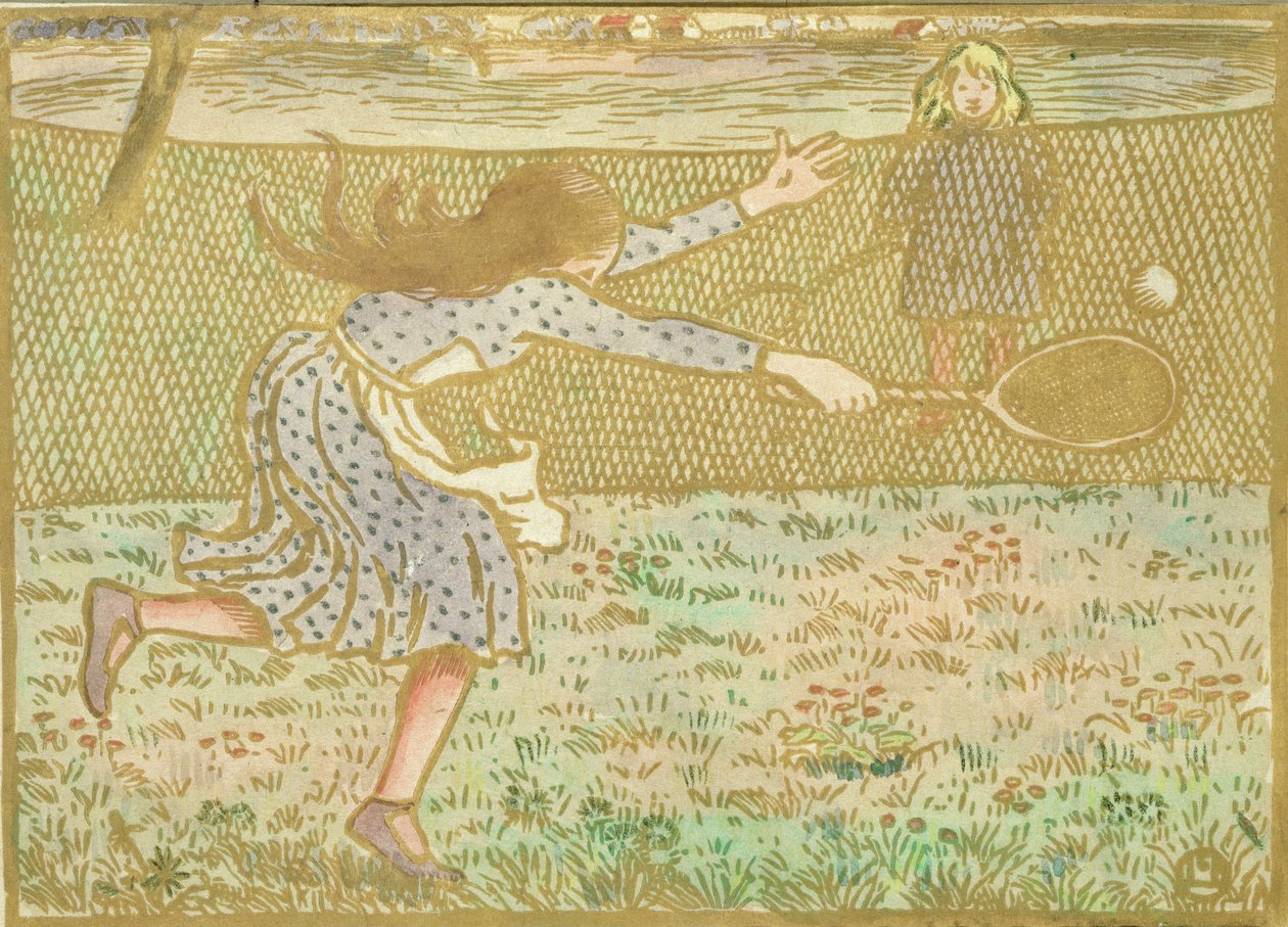 Garotas jogando tênis, de &39;xilogravuras na linha e cores&39;, gravado por Lucien Pissarro (1863-1944) publicado Londres 1891 de Camille Jacob Pissarro