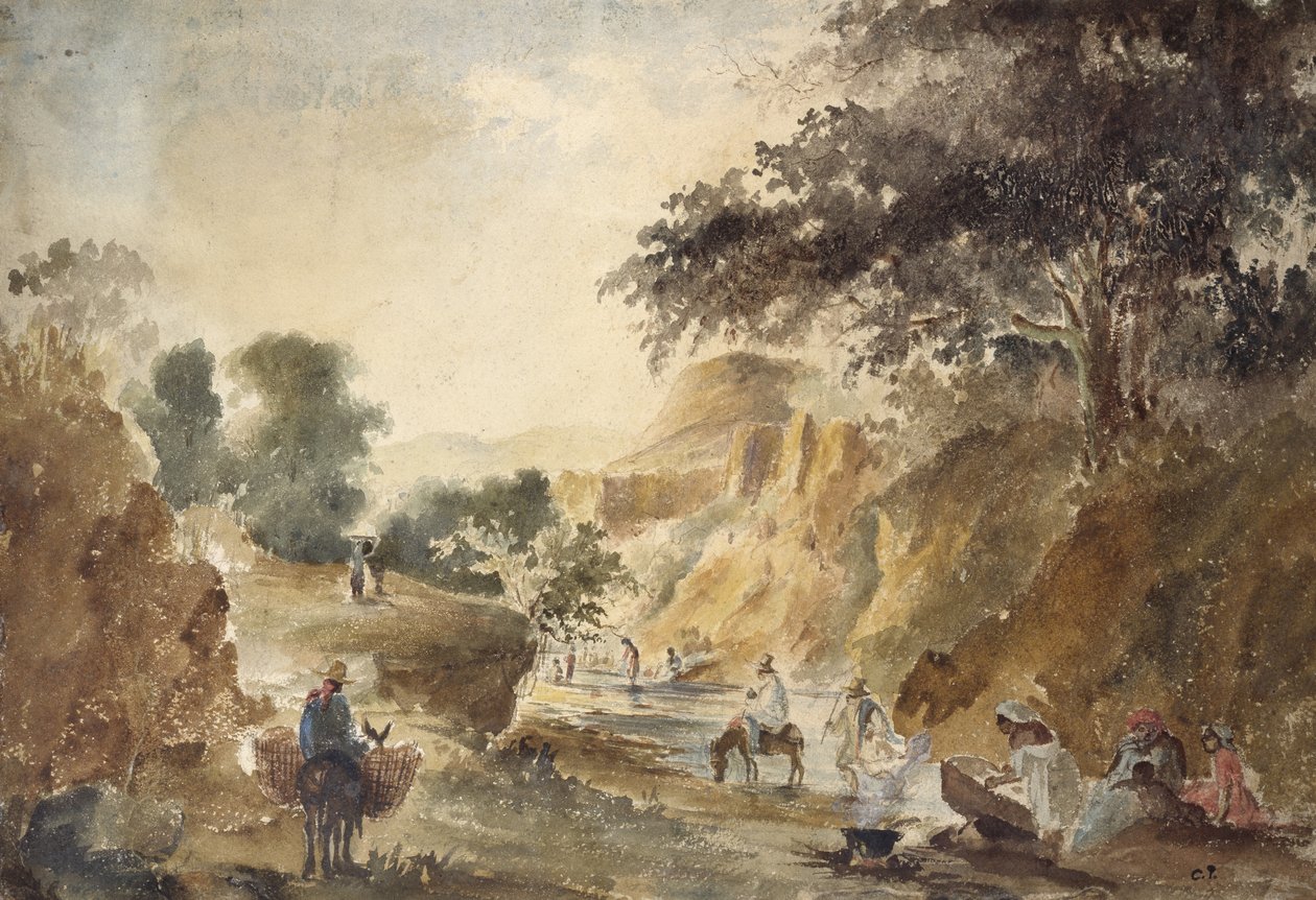 Paisagem com figuras de um rio, 1853 - 1854 (aquarela sobre lápis) de Camille Jacob Pissarro